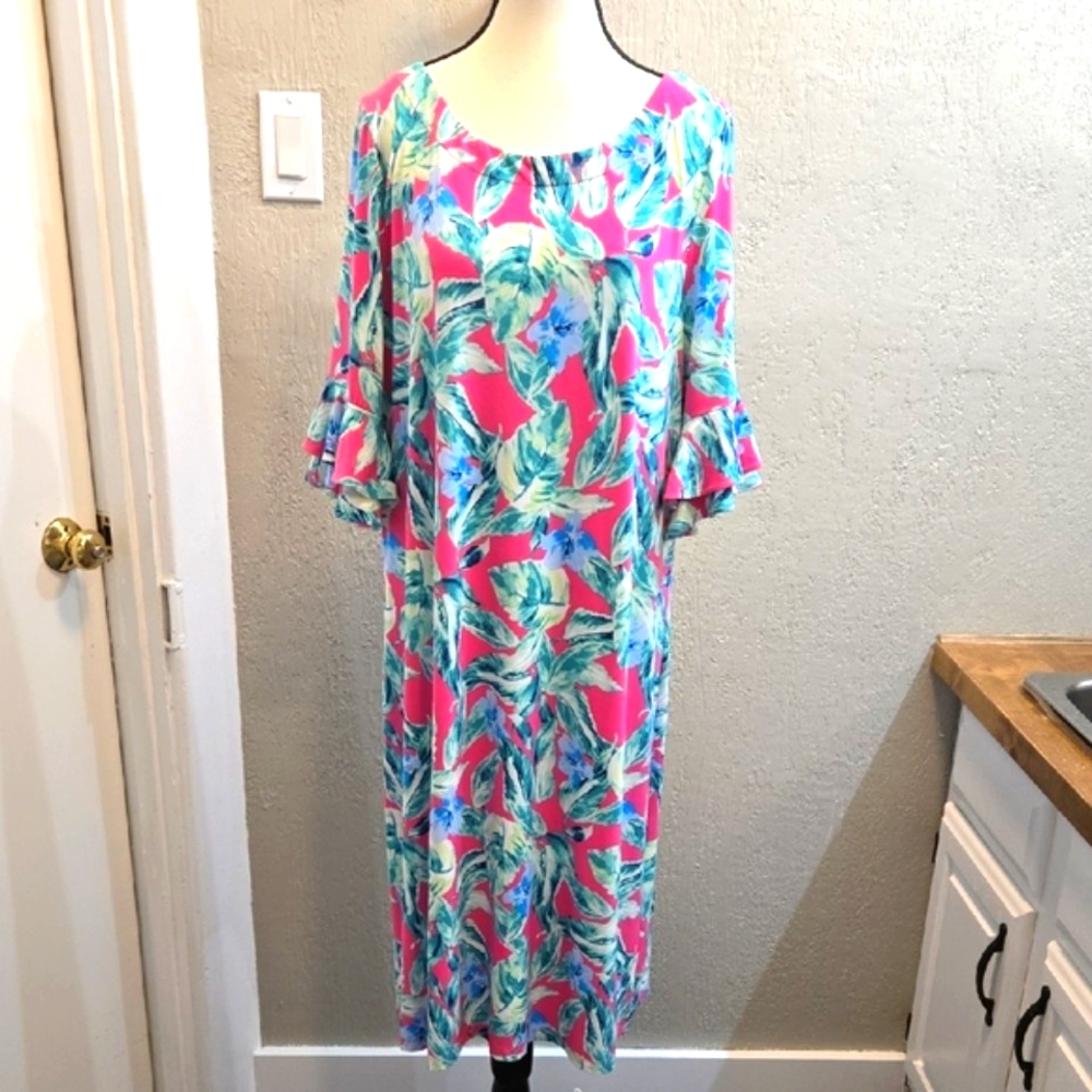 Pappagallo Pink Tropical Leaf Midi Dress